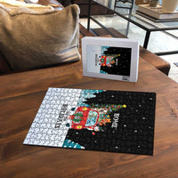 Merry Christmas Bulldog And Snowman Puzzle Dog Snowman Christmas Tree and Red Car Winter Scene - Wonder Print Shop