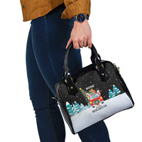 Merry Christmas Bulldog And Snowman Shoulder Handbag Dog Snowman Christmas Tree and Red Car Winter Scene - Wonder Print Shop