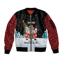 Merry Christmas Bulldog And Snowman Sleeve Zip Bomber Jacket Dog Snowman Christmas Tree and Red Car Winter Scene - Wonder Print Shop
