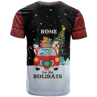 Merry Christmas Bulldog And Snowman T Shirt Dog Snowman Christmas Tree and Red Car Winter Scene - Wonder Print Shop