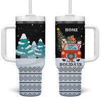 Merry Christmas Bulldog And Snowman Tumbler With Handle Dog Snowman Christmas Tree and Red Car Winter Scene - Wonder Print Shop