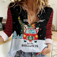 Merry Christmas Bulldog And Snowman Women Casual Shirt Dog Snowman Christmas Tree and Red Car Winter Scene - Wonder Print Shop