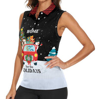 Merry Christmas Bulldog And Snowman Women Sleeveless Polo Shirt Dog Snowman Christmas Tree and Red Car Winter Scene - Wonder Print Shop