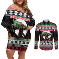 Funny Bigfoot Christmas Couples Matching Off Shoulder Short Dress and Long Sleeve Button Shirt Xmas Holiday Patterns - Wonder Print Shop