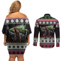 Funny Bigfoot Christmas Couples Matching Off Shoulder Short Dress and Long Sleeve Button Shirt Xmas Holiday Patterns - Wonder Print Shop