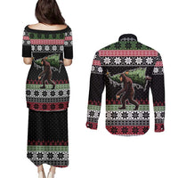Funny Bigfoot Christmas Couples Matching Puletasi and Long Sleeve Button Shirt Xmas Holiday Patterns - Wonder Print Shop