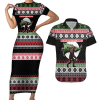 Funny Bigfoot Christmas Couples Matching Short Sleeve Bodycon Dress and Hawaiian Shirt Xmas Holiday Patterns - Wonder Print Shop