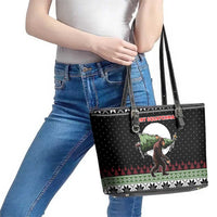Funny Bigfoot Christmas Leather Tote Bag Xmas Holiday Patterns - Wonder Print Shop
