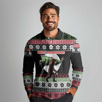 Funny Bigfoot Christmas Long Sleeve Polo Shirt Xmas Holiday Patterns - Wonder Print Shop
