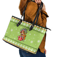 Funny Cat Merry Christmas Leather Tote Bag Xmas Holiday Patterns - Wonder Print Shop