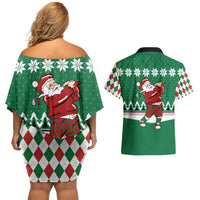 Golfer Santa Christmas Couples Matching Off Shoulder Short Dress and Hawaiian Shirt Xmas Holiday Patterns - Wonder Print Shop