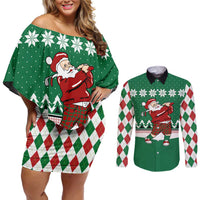 Golfer Santa Christmas Couples Matching Off Shoulder Short Dress and Long Sleeve Button Shirt Xmas Holiday Patterns - Wonder Print Shop