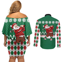 Golfer Santa Christmas Couples Matching Off Shoulder Short Dress and Long Sleeve Button Shirt Xmas Holiday Patterns - Wonder Print Shop