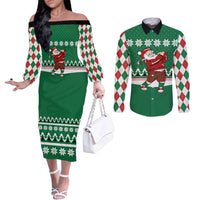 Golfer Santa Christmas Couples Matching Off The Shoulder Long Sleeve Dress and Long Sleeve Button Shirt Xmas Holiday Patterns - Wonder Print Shop