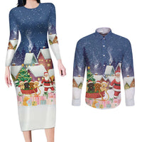 Labrador Retriever Santa Sled Christmas Couples Matching Long Sleeve Bodycon Dress and Long Sleeve Button Shirt Funny Xmas Holiday Patterns - Wonder Print Shop