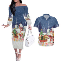 Labrador Retriever Santa Sled Christmas Couples Matching Off The Shoulder Long Sleeve Dress and Hawaiian Shirt Funny Xmas Holiday Patterns - Wonder Print Shop