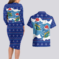 Dolphin Couple Christmas Couples Matching Long Sleeve Bodycon Dress and Hawaiian Shirt Funny Xmas Holiday Patterns - Wonder Print Shop