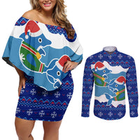 Dolphin Couple Christmas Couples Matching Off Shoulder Short Dress and Long Sleeve Button Shirt Funny Xmas Holiday Patterns - Wonder Print Shop