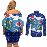 Dolphin Couple Christmas Couples Matching Off Shoulder Short Dress and Long Sleeve Button Shirt Funny Xmas Holiday Patterns - Wonder Print Shop