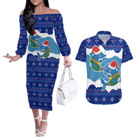 Dolphin Couple Christmas Couples Matching Off The Shoulder Long Sleeve Dress and Hawaiian Shirt Funny Xmas Holiday Patterns - Wonder Print Shop