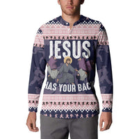 Jesus Has Your Back Jiu Jitsu Christmas Button Sweatshirt Funny Xmas Holiday Patterns - Wonder Print Shop
