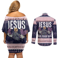Jesus Has Your Back Jiu Jitsu Christmas Couples Matching Off Shoulder Short Dress and Long Sleeve Button Shirt Funny Xmas Holiday Patterns - Wonder Print Shop