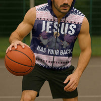 Jesus Has Your Back Jiu Jitsu Christmas Sleeveless Zip Hoodie Funny Xmas Holiday Patterns - Wonder Print Shop