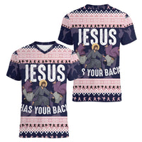 Jesus Has Your Back Jiu Jitsu Christmas Women V-Neck T-Shirt Funny Xmas Holiday Patterns - Wonder Print Shop