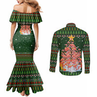 Flamingo Christmas Tree Christmas Couples Matching Mermaid Dress and Long Sleeve Button Shirt Funny Xmas Holiday Patterns - Wonder Print Shop