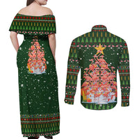 Flamingo Christmas Tree Christmas Couples Matching Off Shoulder Maxi Dress and Long Sleeve Button Shirt Funny Xmas Holiday Patterns - Wonder Print Shop