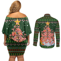 Flamingo Christmas Tree Christmas Couples Matching Off Shoulder Short Dress and Long Sleeve Button Shirt Funny Xmas Holiday Patterns - Wonder Print Shop