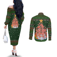 Flamingo Christmas Tree Christmas Couples Matching Off The Shoulder Long Sleeve Dress and Long Sleeve Button Shirt Funny Xmas Holiday Patterns - Wonder Print Shop