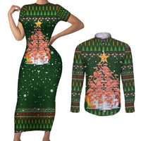 Flamingo Christmas Tree Christmas Couples Matching Short Sleeve Bodycon Dress and Long Sleeve Button Shirt Funny Xmas Holiday Patterns - Wonder Print Shop