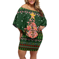 Flamingo Christmas Tree Christmas Family Matching Off Shoulder Short Dress and Hawaiian Shirt Funny Xmas Holiday Patterns - Wonder Print Shop