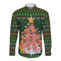 Flamingo Christmas Tree Christmas Long Sleeve Button Shirt Funny Xmas Holiday Patterns - Wonder Print Shop