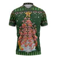 Flamingo Christmas Tree Christmas Zipper Polo Shirt Funny Xmas Holiday Patterns - Wonder Print Shop