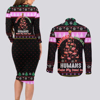 Flamingo Make Me Happy Christmas Couples Matching Long Sleeve Bodycon Dress and Long Sleeve Button Shirt Funny Xmas Holiday Patterns - Wonder Print Shop
