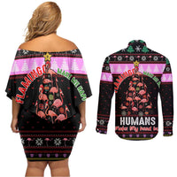 Flamingo Make Me Happy Christmas Couples Matching Off Shoulder Short Dress and Long Sleeve Button Shirt Funny Xmas Holiday Patterns - Wonder Print Shop