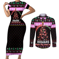 Flamingo Make Me Happy Christmas Couples Matching Short Sleeve Bodycon Dress and Long Sleeve Button Shirt Funny Xmas Holiday Patterns - Wonder Print Shop