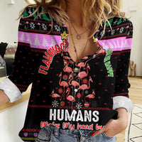 Flamingo Make Me Happy Christmas Women Casual Shirt Funny Xmas Holiday Patterns - Wonder Print Shop