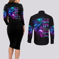 Karma Fairy Three Skulls Couples Matching Long Sleeve Bodycon Dress and Long Sleeve Button Shirt - Wonder Print Shop