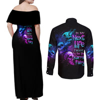 Karma Fairy Three Skulls Couples Matching Off Shoulder Maxi Dress and Long Sleeve Button Shirt - Wonder Print Shop