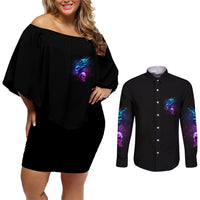 Karma Fairy Three Skulls Couples Matching Off Shoulder Short Dress and Long Sleeve Button Shirt - Wonder Print Shop