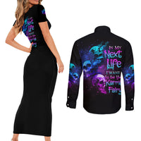 Karma Fairy Three Skulls Couples Matching Short Sleeve Bodycon Dress and Long Sleeve Button Shirt - Wonder Print Shop