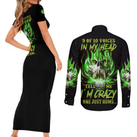9 Of 10 Voices In My Head Fire Skull Couples Matching Short Sleeve Bodycon Dress and Long Sleeve Button Shirt - Wonder Print Shop