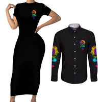 Karma Fairy Rose Smoke Skull Couples Matching Short Sleeve Bodycon Dress and Long Sleeve Button Shirt - Wonder Print Shop