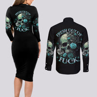 Fresh Out Of F Skull Rose Couples Matching Long Sleeve Bodycon Dress and Long Sleeve Button Shirt - Wonder Print Shop
