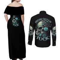 Fresh Out Of F Skull Rose Couples Matching Off Shoulder Maxi Dress and Long Sleeve Button Shirt - Wonder Print Shop
