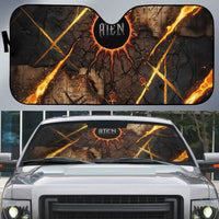 Aten Auto Sun Shade Ancient Egyptian Cracked Stone Hieroglyph, Solar Eclipse Emblem, and Radiant Sunburst - Wonder Print Shop