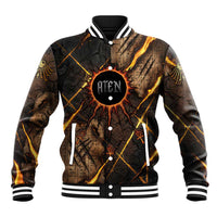 Aten Baseball Jacket Ancient Egyptian Cracked Stone Hieroglyph, Solar Eclipse Emblem, and Radiant Sunburst - Wonder Print Shop